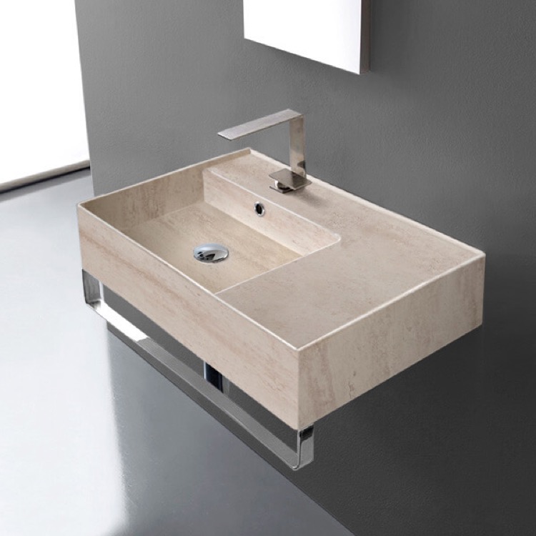 Scarabeo 5114-E-TB Beige Travertine Design Ceramic Wall Mounted Sink With Counter Space, Towel Bar Included